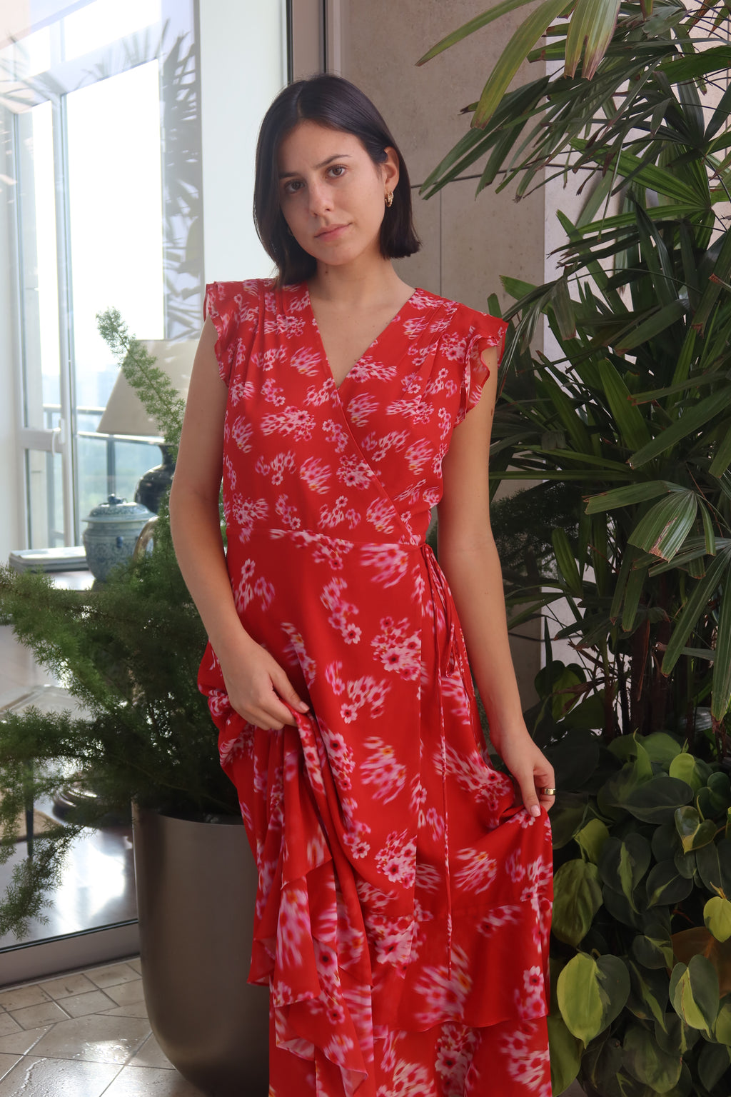AllSaints Red Floral Wrap Maxi Dress