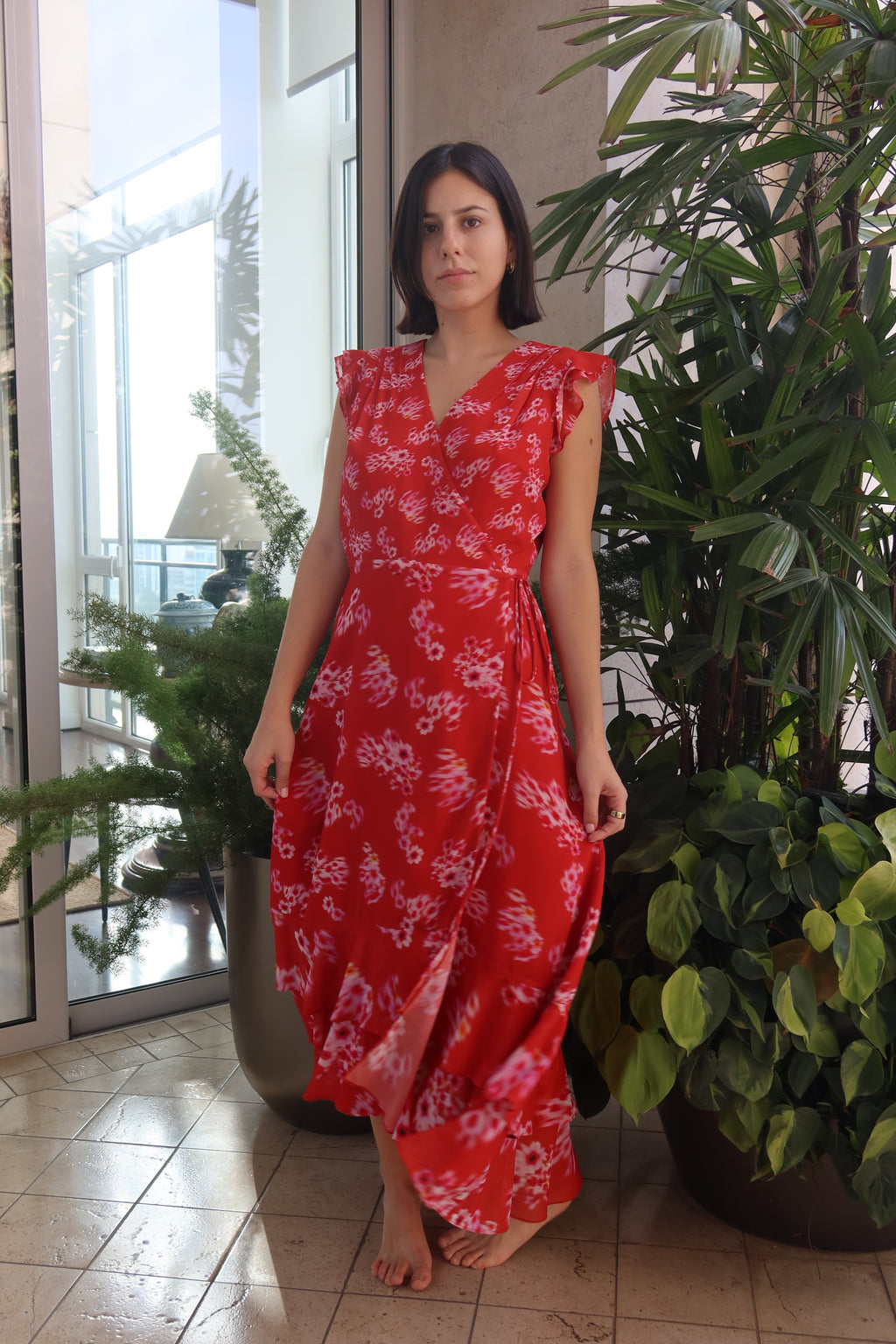 AllSaints Red Floral Wrap Maxi Dress