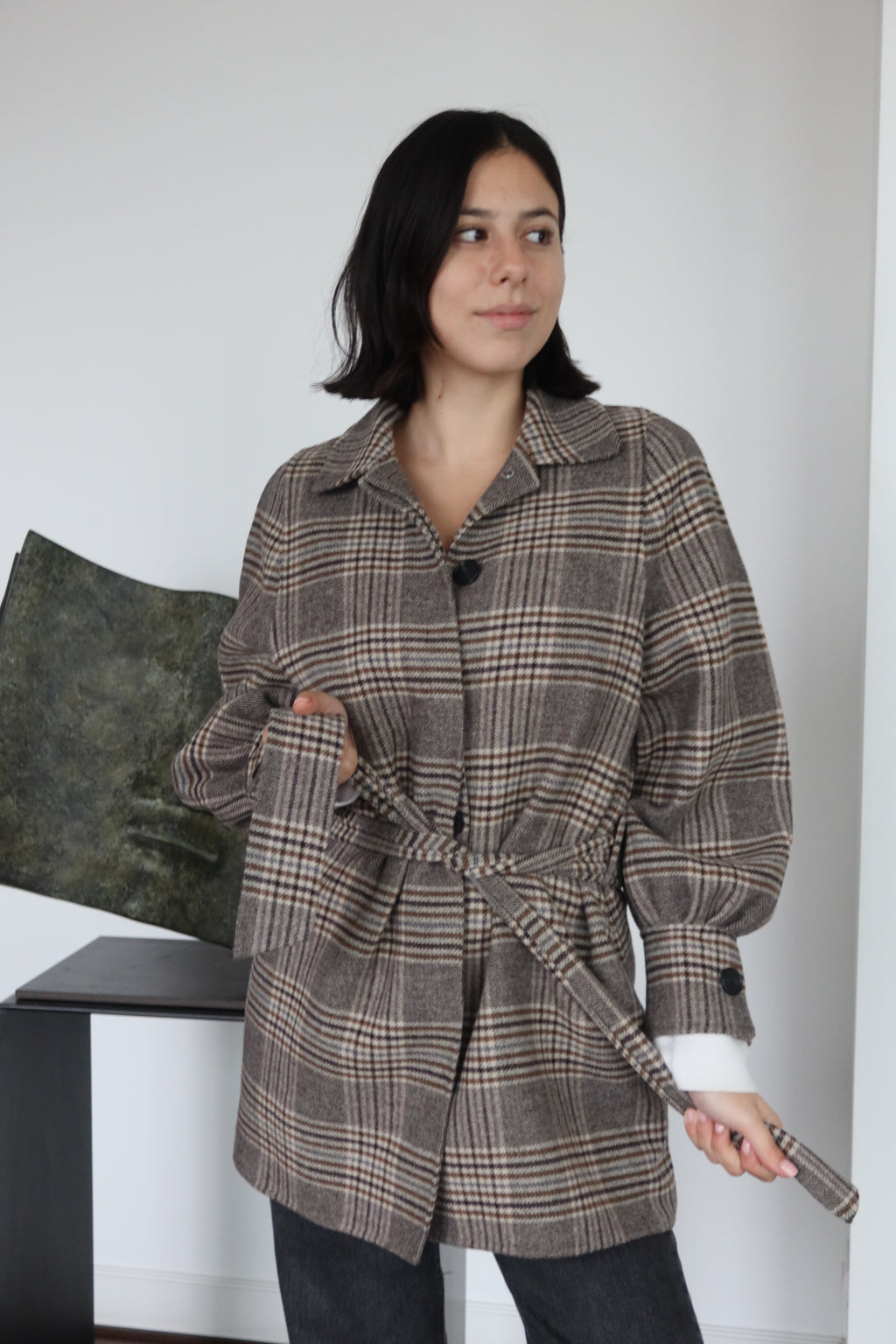Maje Brown Plaid Belted Coat