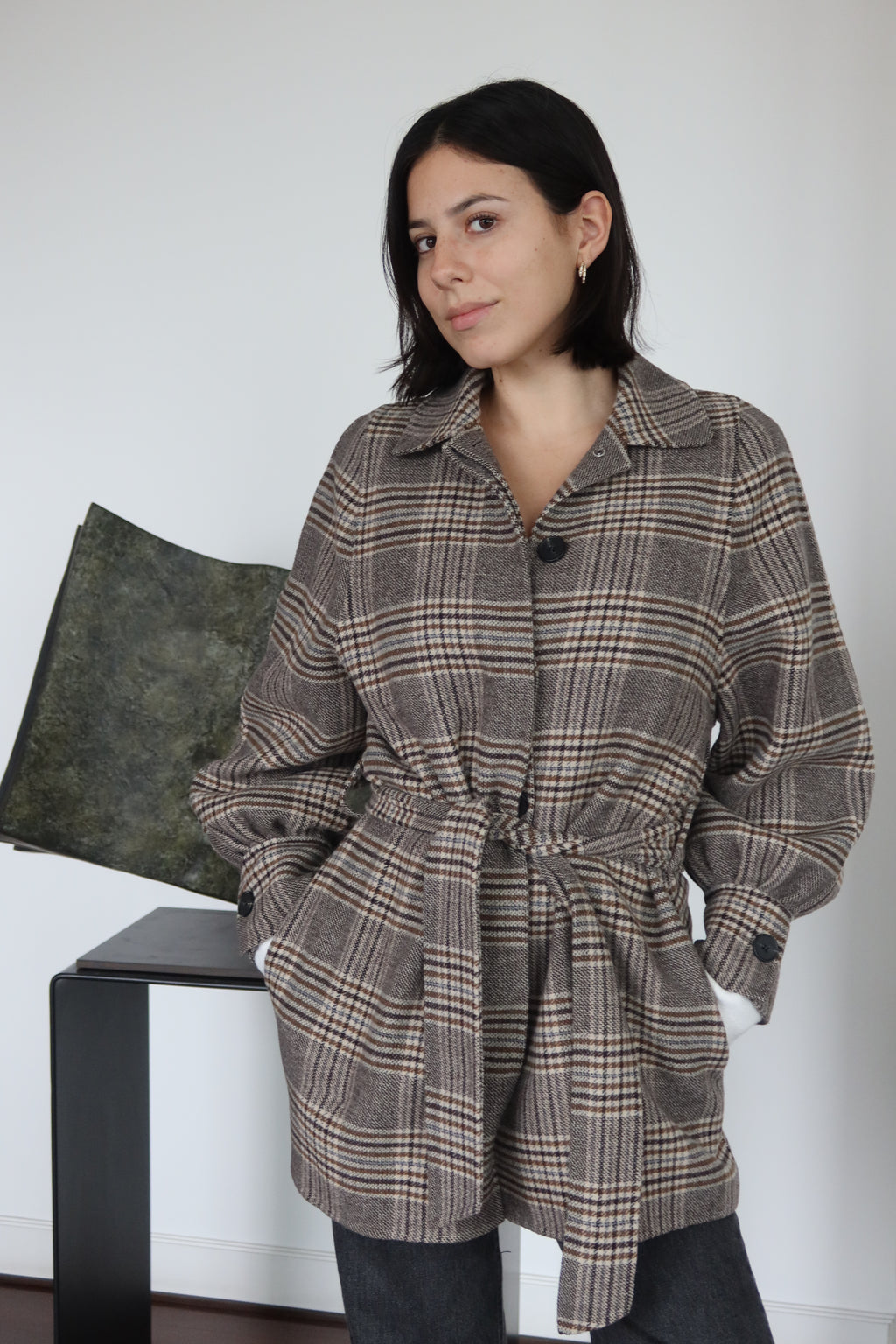 Maje Brown Plaid Belted Coat