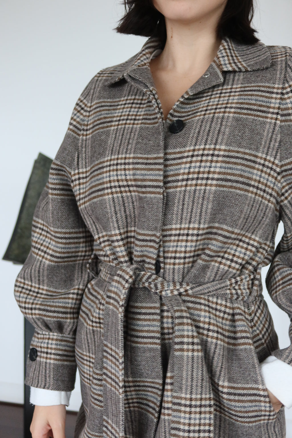 Maje Brown Plaid Belted Coat