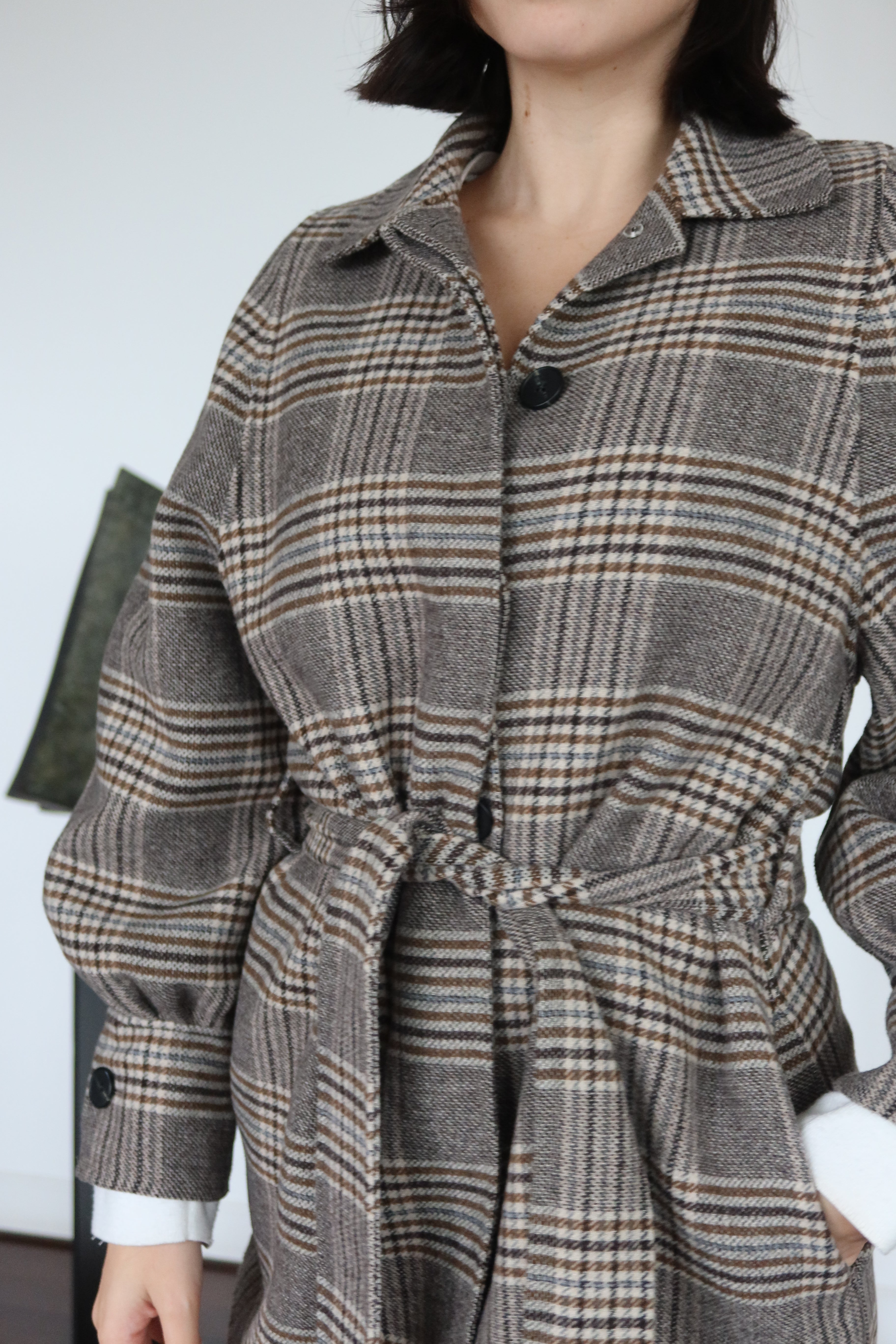 Maje Brown Plaid Belted Coat