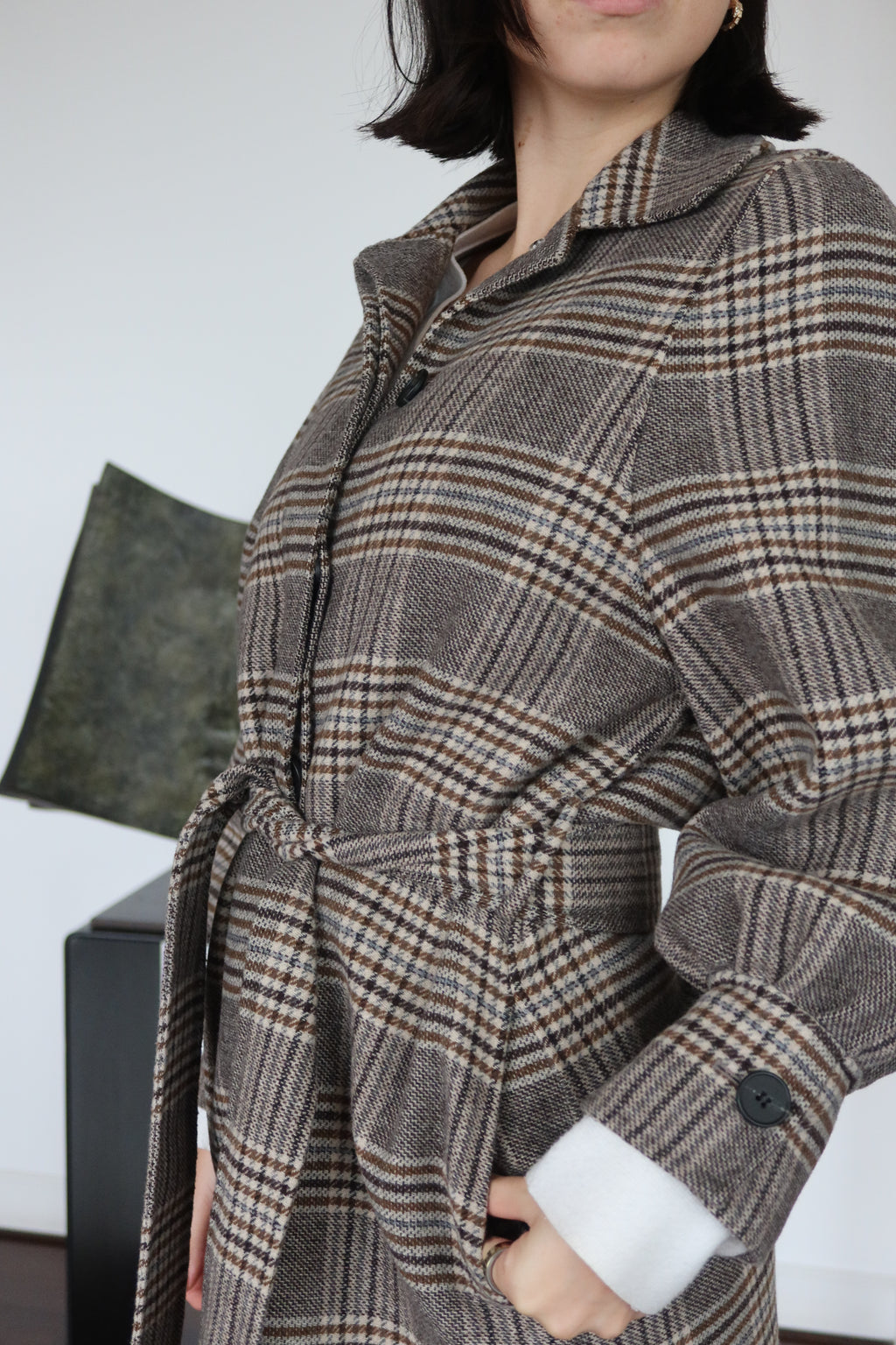 Maje Brown Plaid Belted Coat