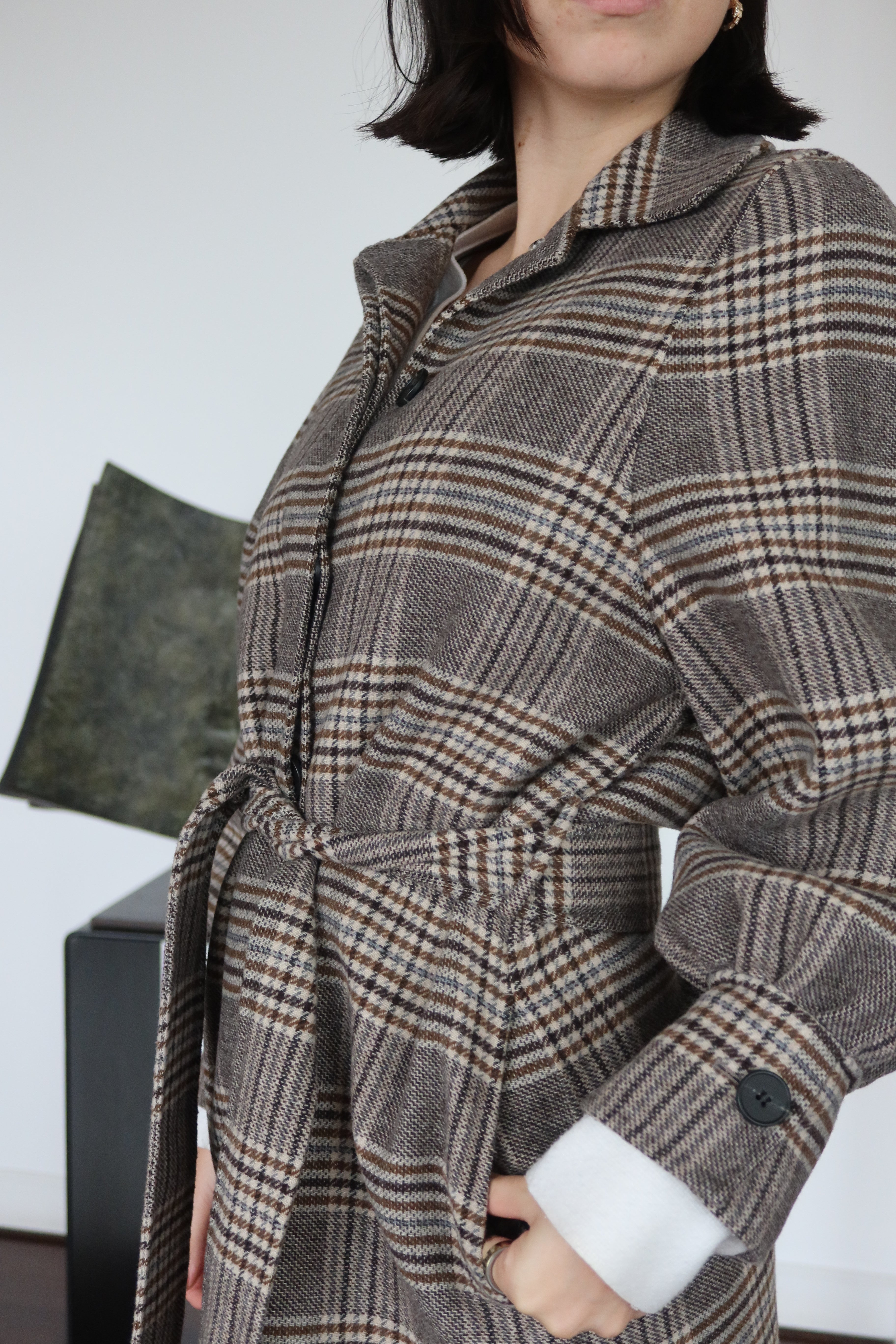 Maje Brown Plaid Belted Coat