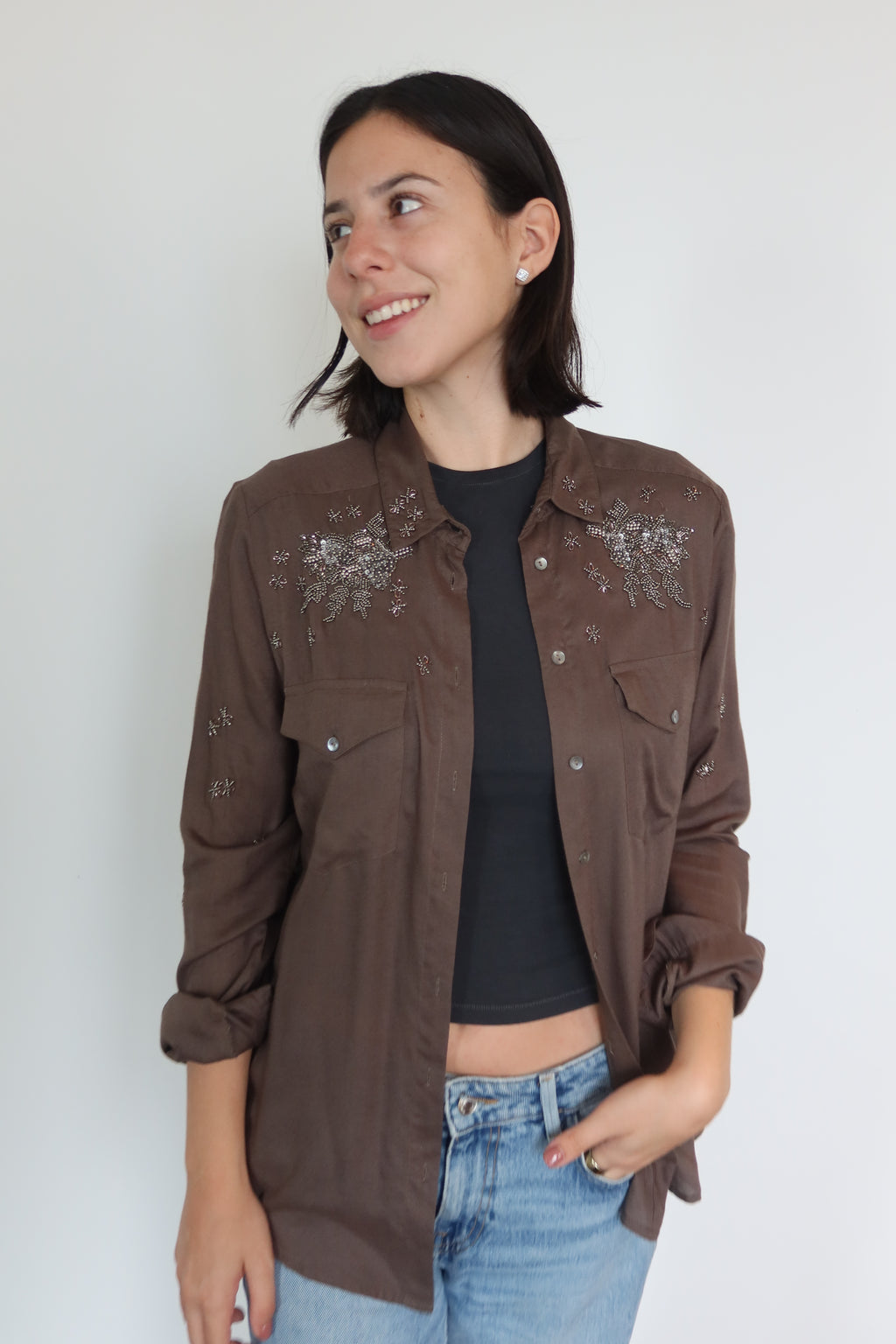 The Kooples Embellished Brown Button-Down Shirt