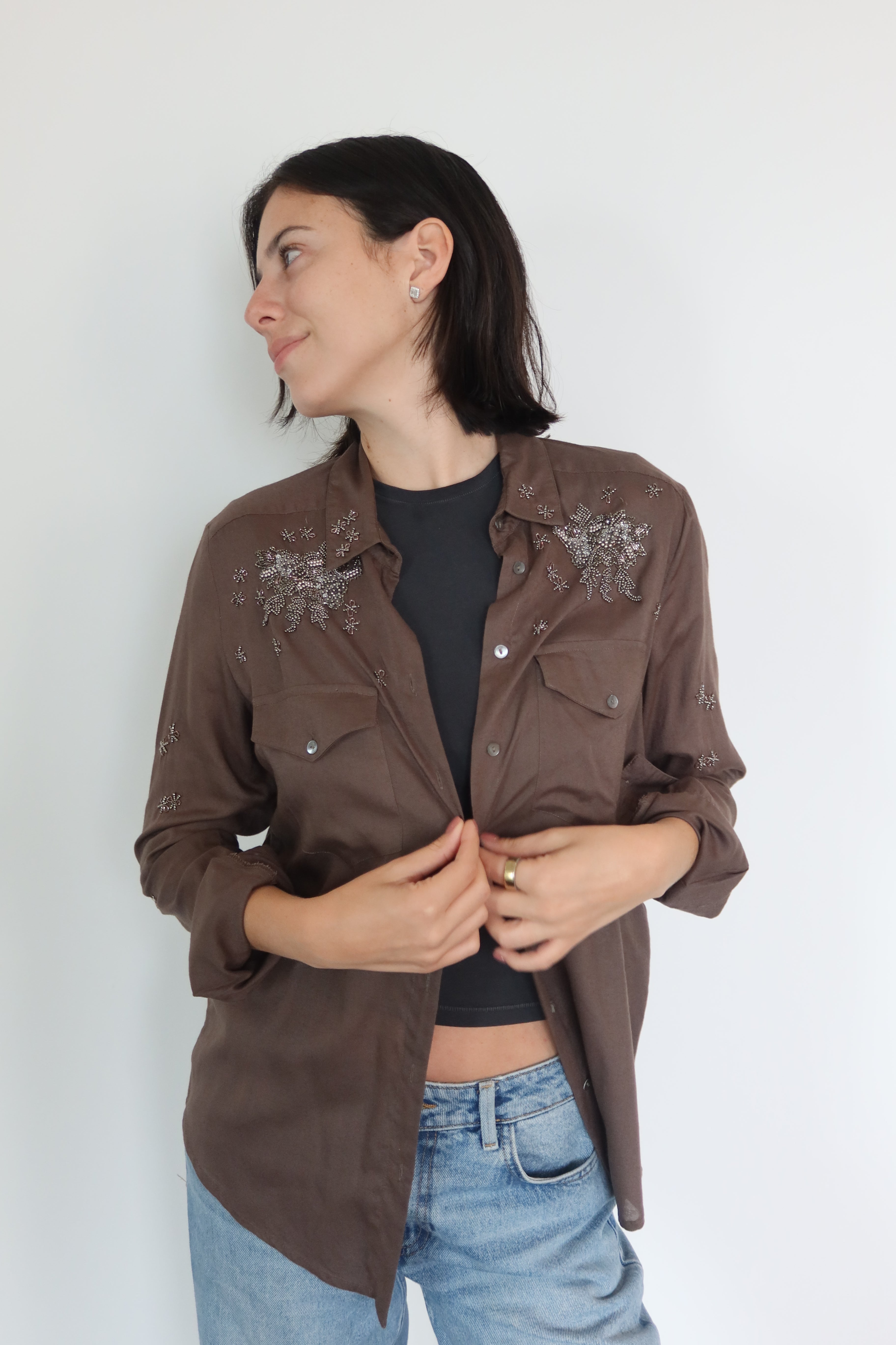 The Kooples Embellished Brown Button-Down Shirt