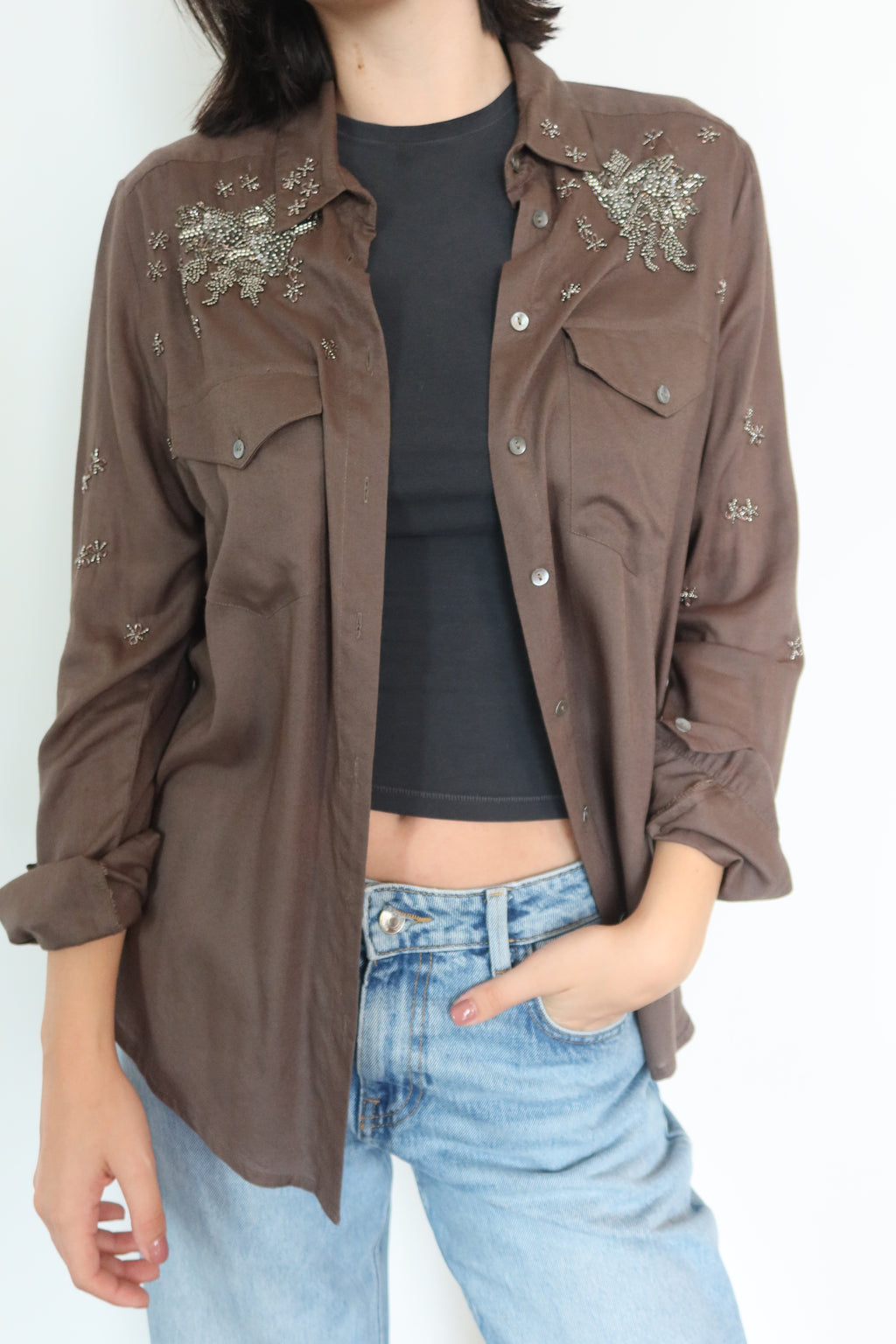 The Kooples Embellished Brown Button-Down Shirt