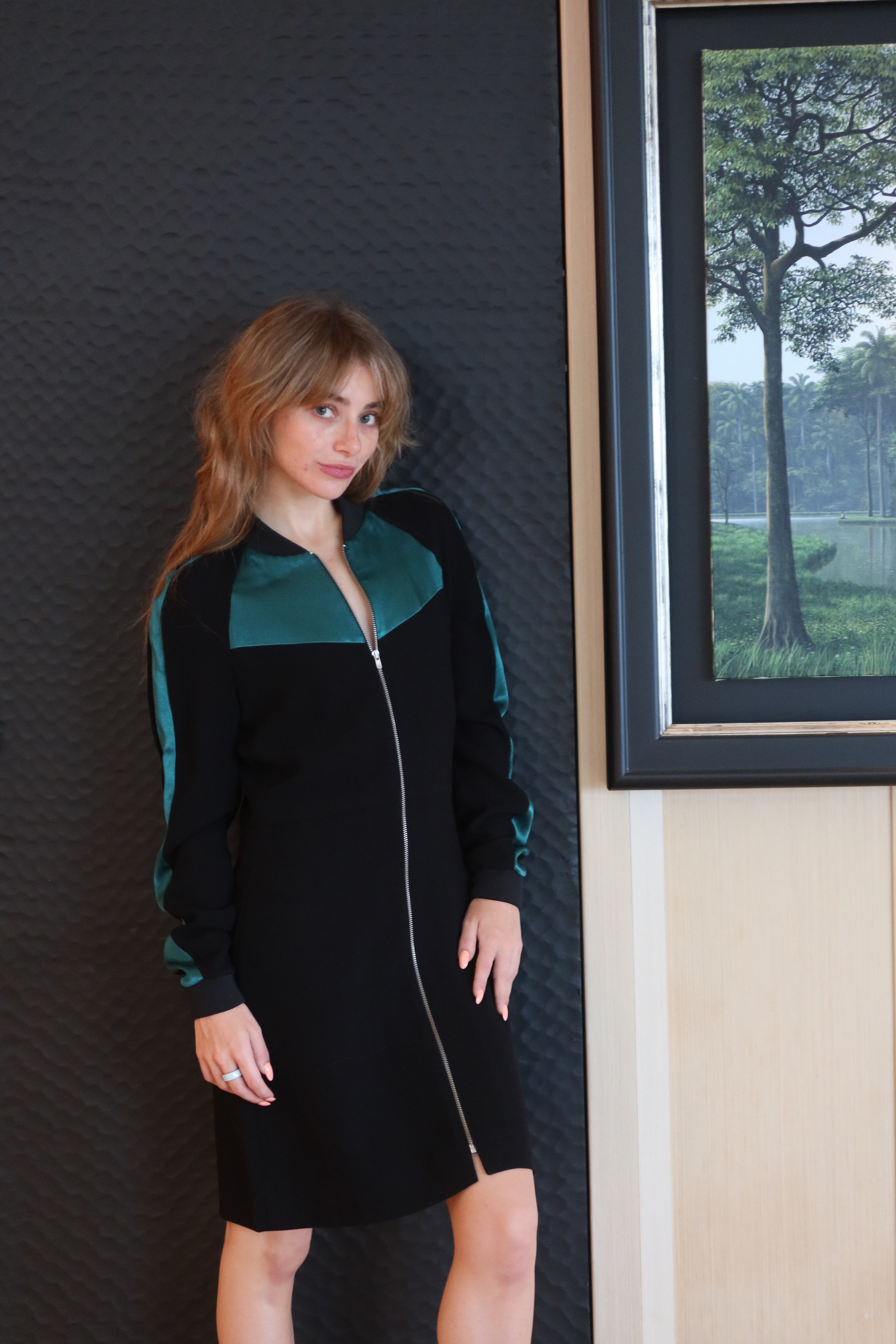 Maje Black & Emerald Zip-Front Dress