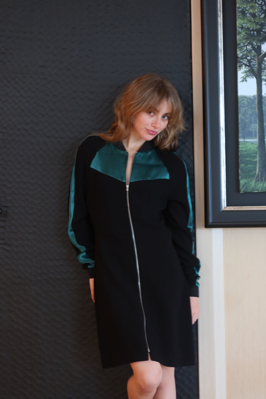 Maje Black & Emerald Zip-Front Dress