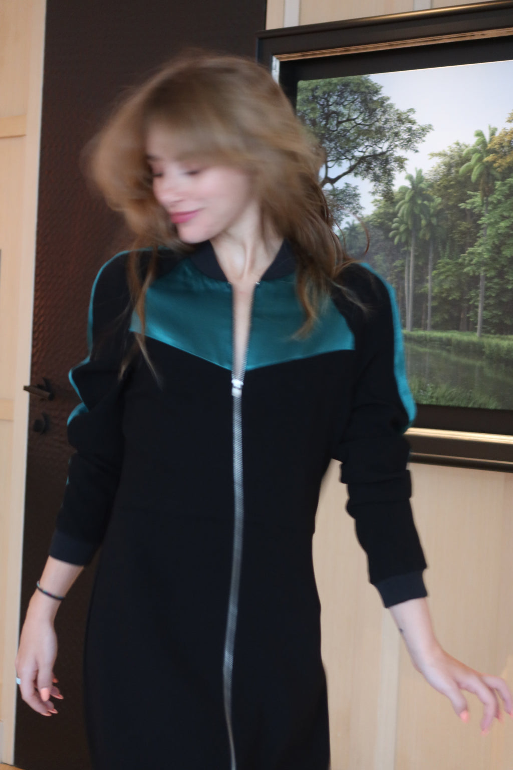 Maje Black & Emerald Zip-Front Dress