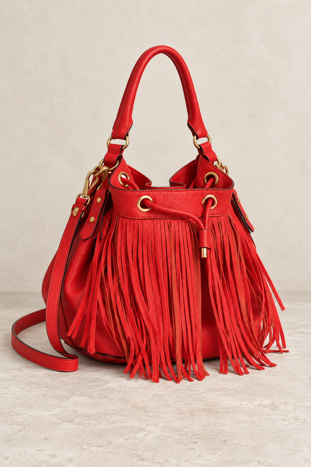 Milly Red Leather Fringe Bucket Bag