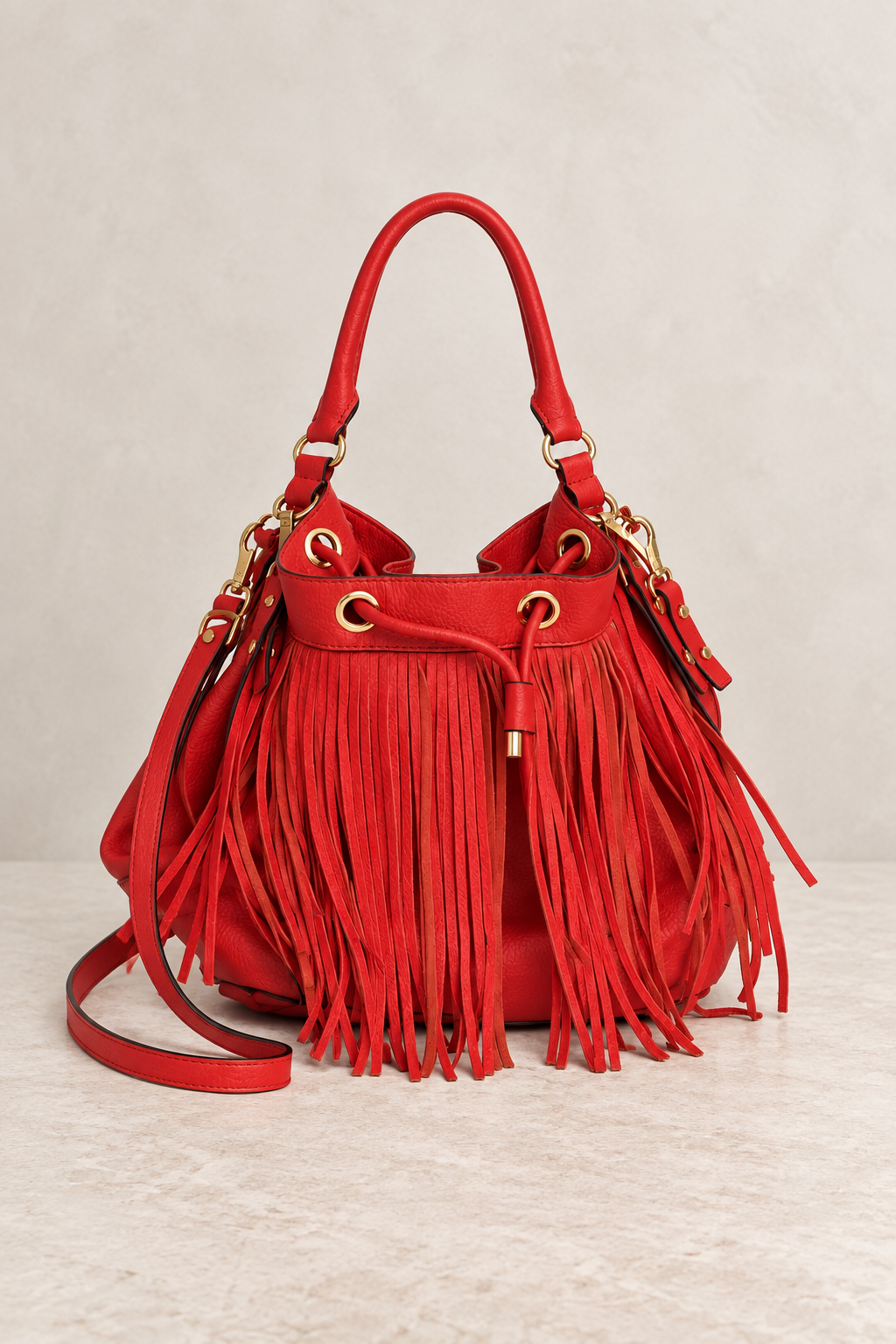 Milly Red Leather Fringe Bucket Bag