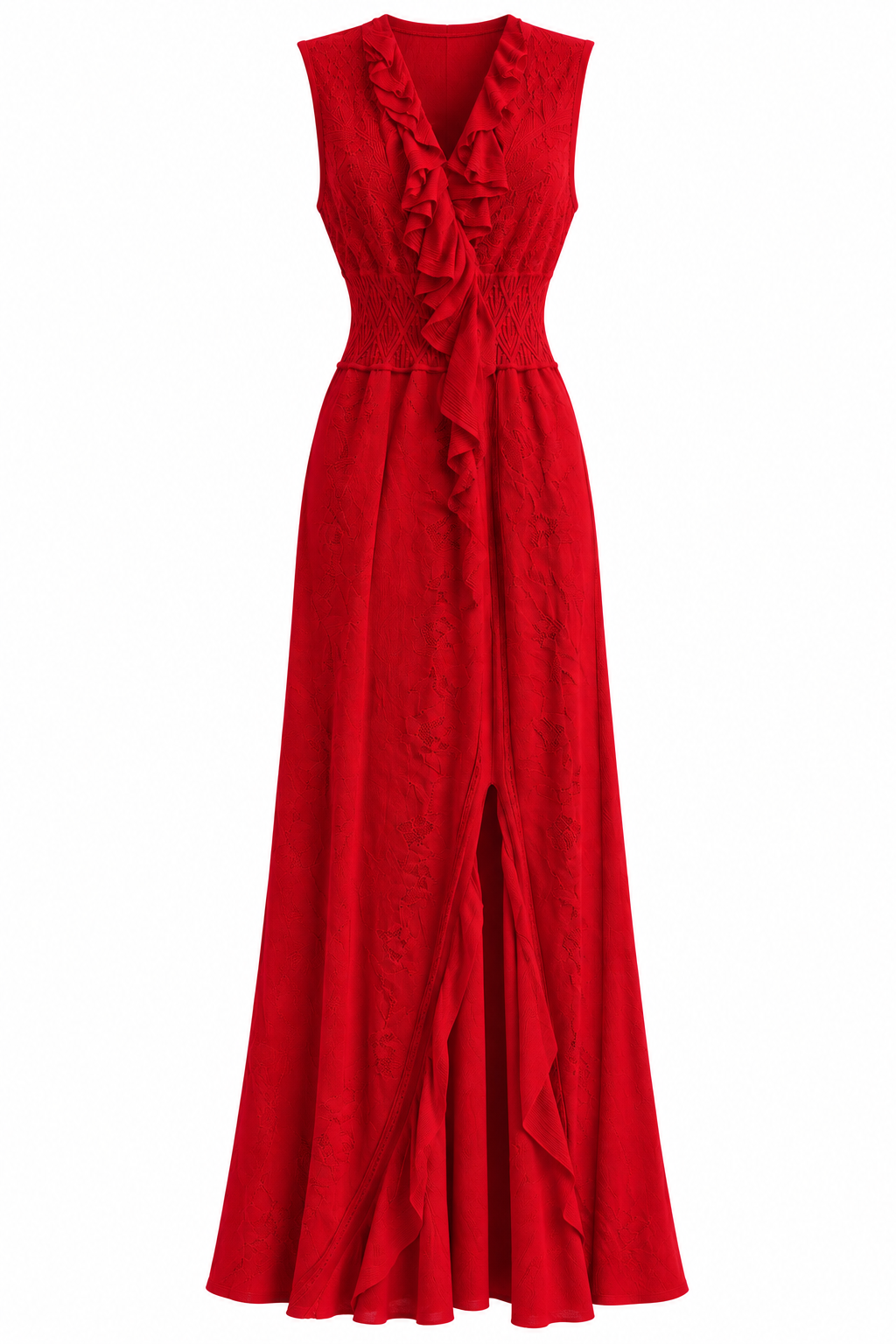Roberto Cavalli Red Lace Ruffle Maxi Dress